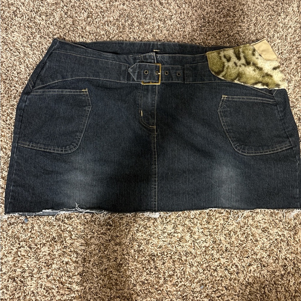 Denim Skirt with Leopard Accent